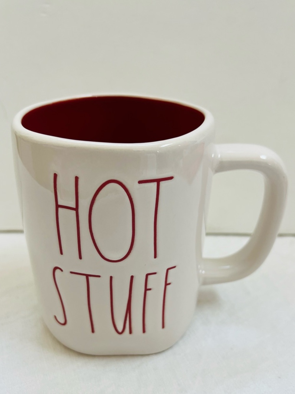 Rae Dunn Mug HOT STUFF Large Coffee Cup Ceramic Cocoa Tea White W/ Red Interior